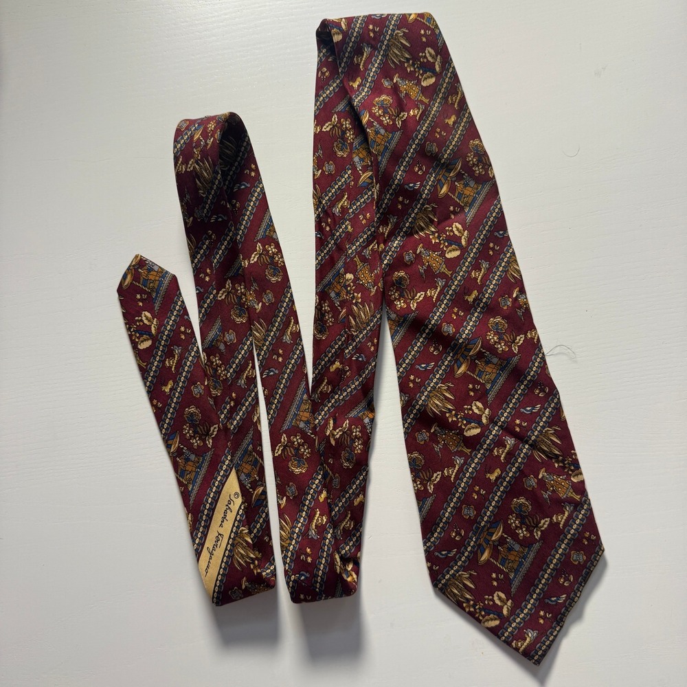 Salvatore Ferragamo Silk Tie Burgundy Red Equestrian Horse Floral Italy Luxury